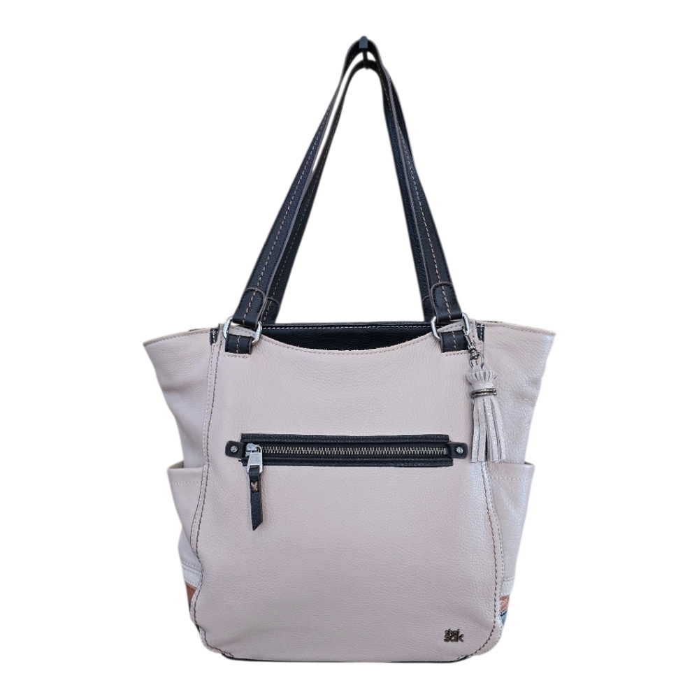 The Sak Kendra Three Color Beige Black Leather Satchel Shoulder Bag Tote